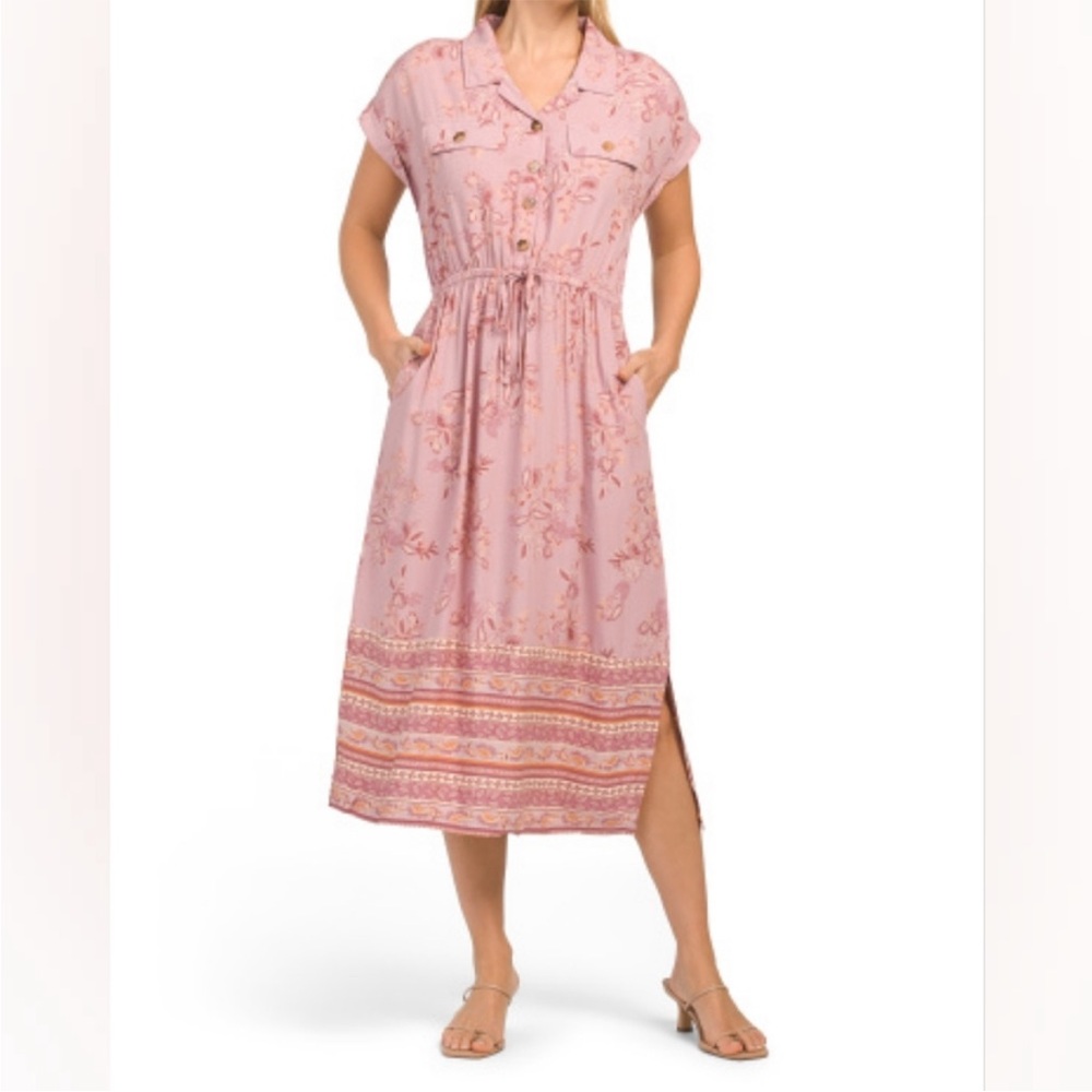 Lucky Brand Pink Floral Midi Shirt Dress
